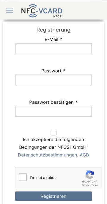 2. Create an account at nfc-vcard.de