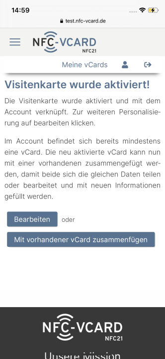 NFC-vCard successfully activated