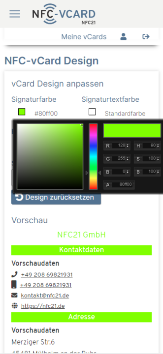 Design der NFC-vCard ändern